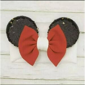 Minnie Ears Girls Headband Hairwrap Sequin Fabric Stretch Hair Accessory Bow NEW